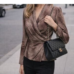 Vintage Courtney Rhodes 100% Silk Animal Print Wrap Blouse Size 6 Made in Korea